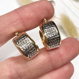 VTG SLC 2.84g 14k Solid Yellow White Gold Etched Wide Chunky Huggie Hoop Earring